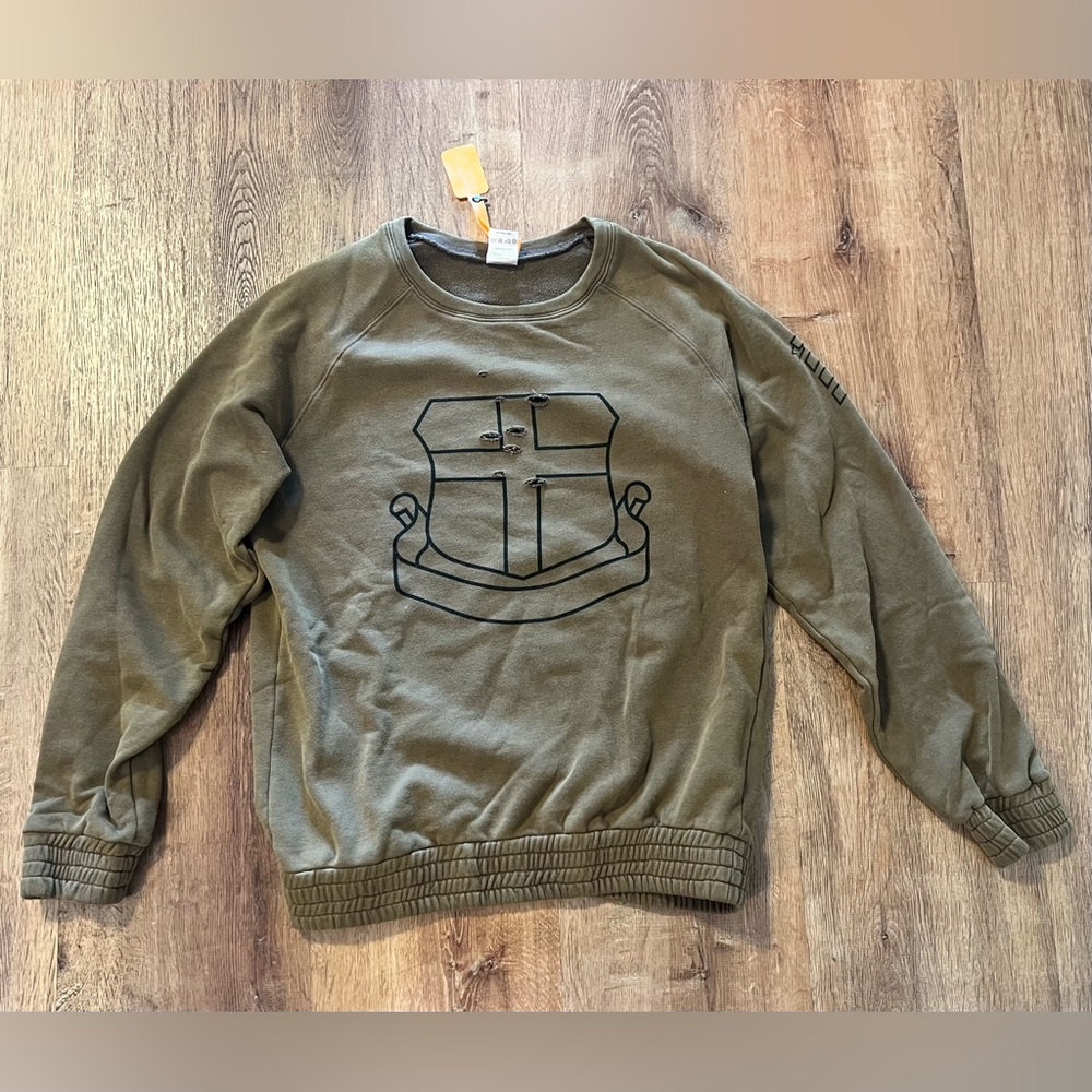 Mens Standards Shield Distressed Olive Green‎ Brown Crewneck Sweater Size 2 Med